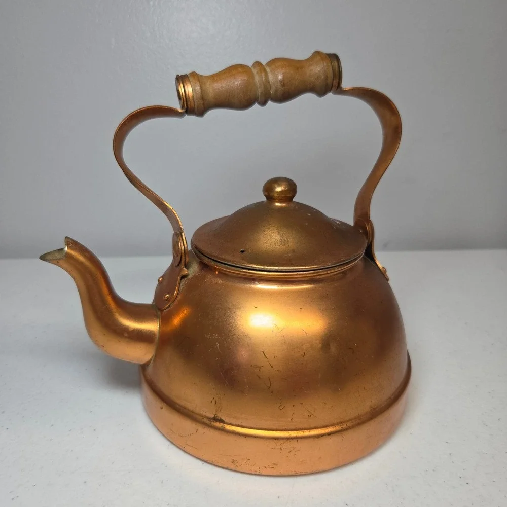 Portugal‎ Copper Teapot Vintage Tea Kettle with Wooden Handle Retro Rustic